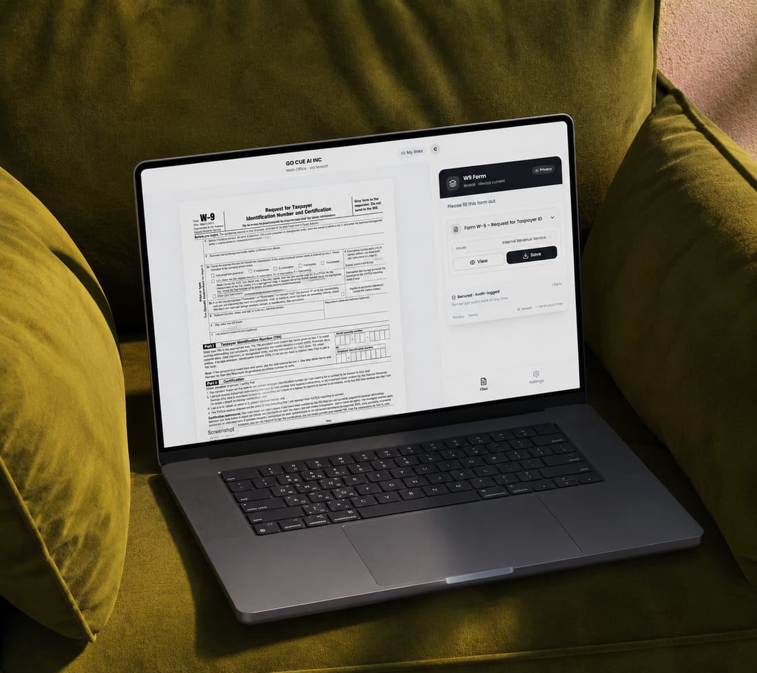 A client opening a branded, no-login document page from leveair on a laptop