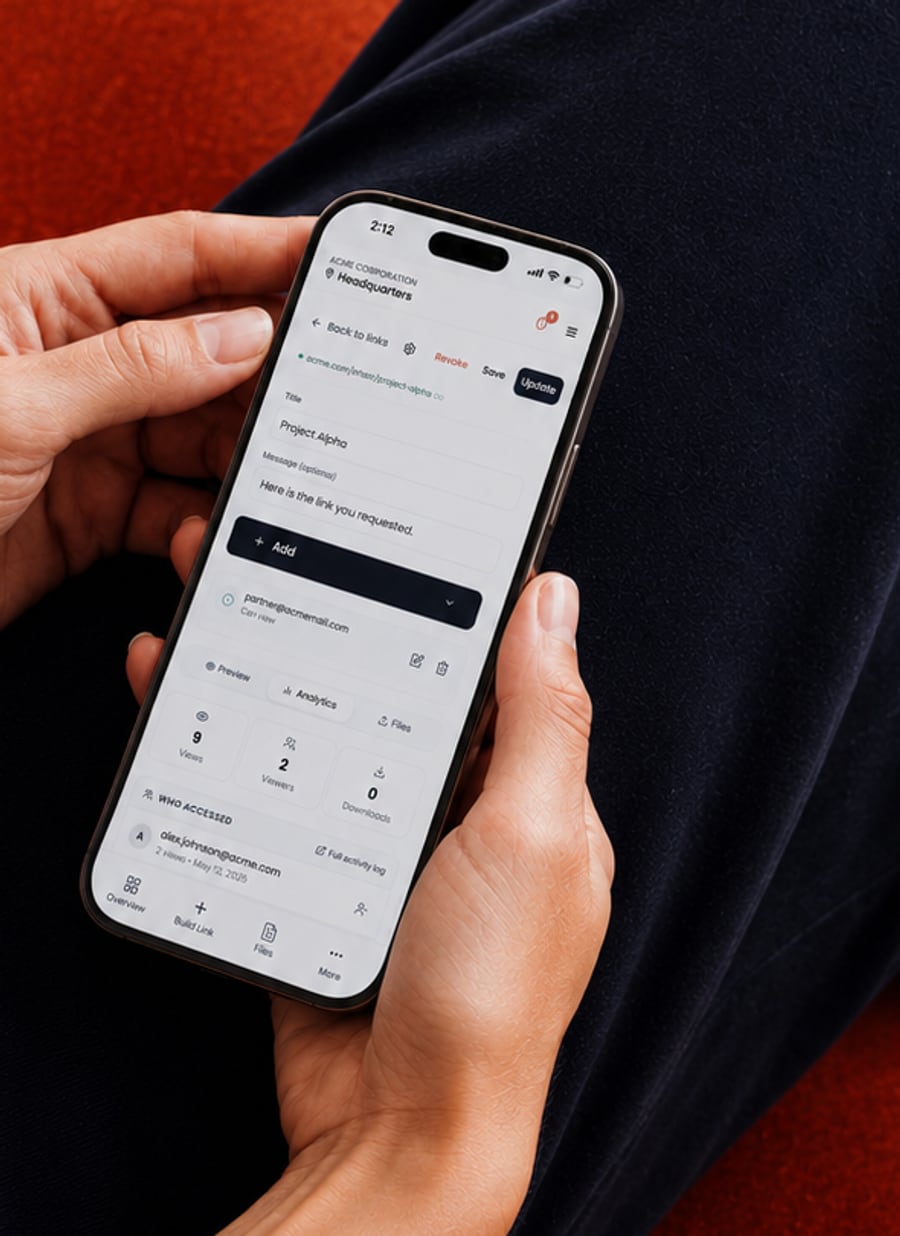 A leveair share link open on a phone showing live views, viewers, downloads, and a full activity log
